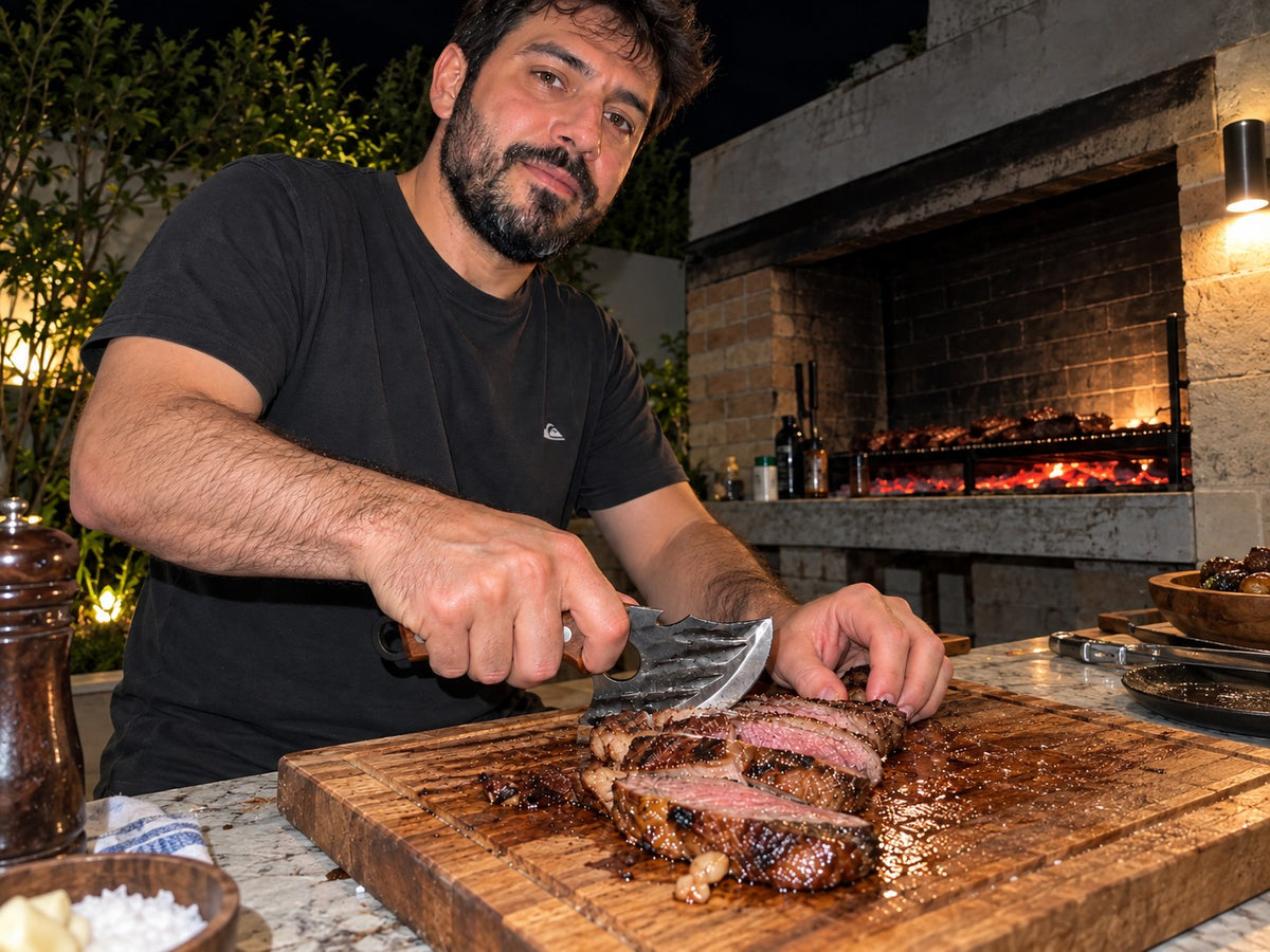 Cliente cortando carne con Afilados junto a la parrilla